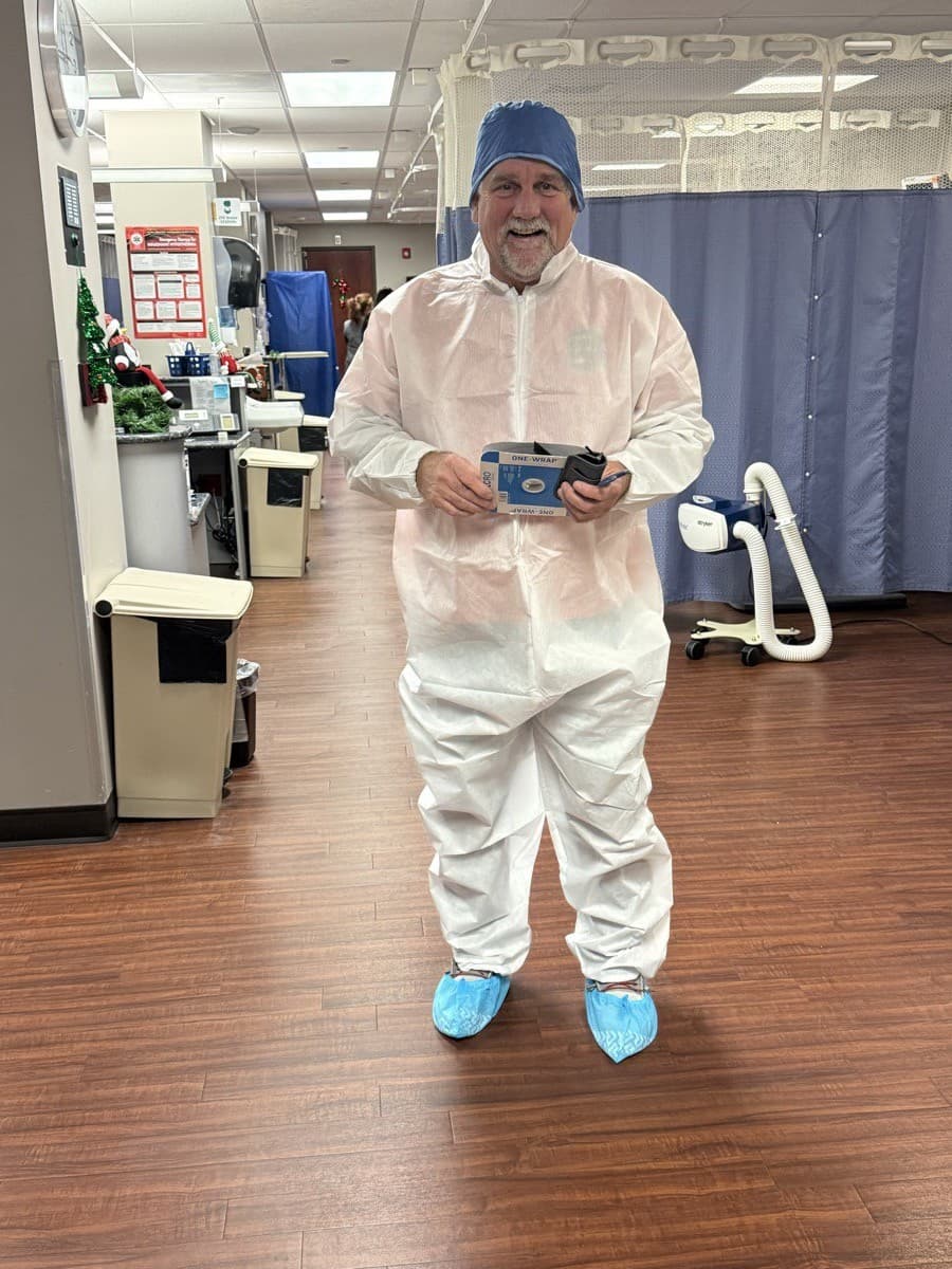 Paul Kearney suited up on-site at a healthcare facility